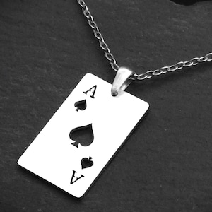 Ace of Spades Pendant Necklace on Cord or Chain, Unisex Stainless Steel Poker Jewelry Gift, Gold or Silver Colour, Adjustable Rope or Chain
