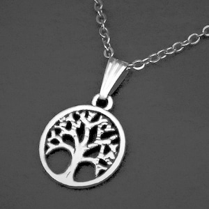 Small Tree Pendant Necklace on Cord or Chain, Unisex Tree of Life Jewelry Gift, Adjustable Choker or 16 18 20 22 24 30 inch Stainless Steel