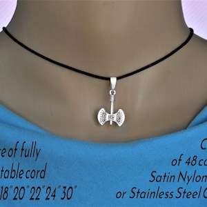 May include: A silver double-headed axe pendant on a black adjustable cord necklace. The necklace is available in a range of lengths, from 16 inches to 30 inches. The pendant can also be worn on a stainless steel chain.