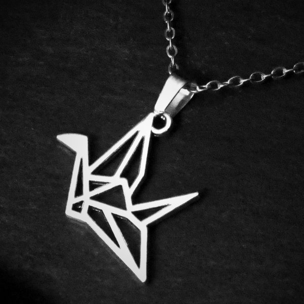 Origami Crane Pendant Necklace on Cord or Chain, Paper Bird Jewelry Gift,  Adjustable Choker or 16 18 20 22 24 30 inch Stainless Steel