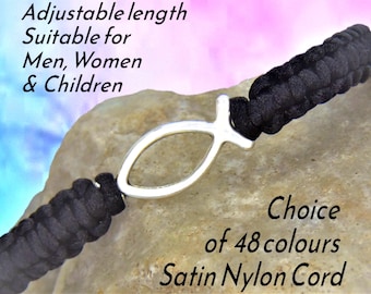Christian Fish Bracelet, Unisex Jesus Fish Ichthus Jewelry Gifts, Adjustable Macrame, Custom Colour Cord Rope String, Woven Knotted,  UK