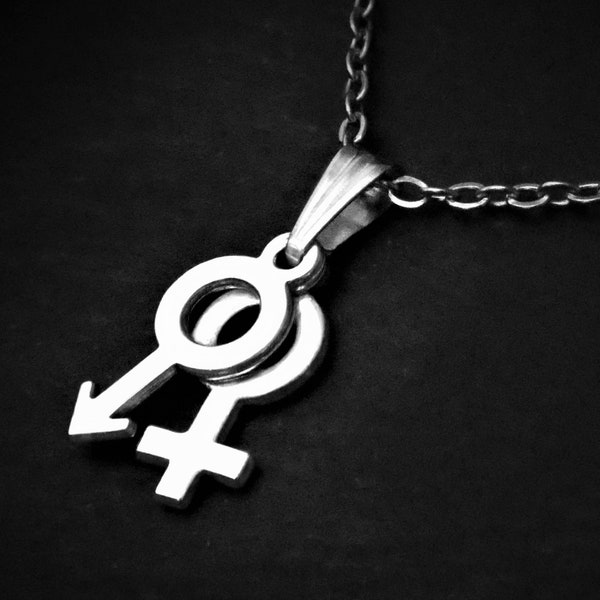 Venus & Mars Necklace, Cord or Chain, Bi Pride Jewelry Gifts, Adjustable Rope Choker or 16 18 20 22 24 30 inch Stainless Steel