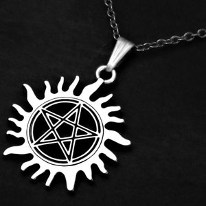 Pentagramma unisex in collana con ciondolo sole su corda o catena, regalo di gioielli per la protezione dei demoni, regolabile o in acciaio inossidabile 18 20 22 24 30 pollici immagine 1