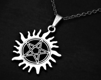 Unisex Pentagramm in der Sonne Anhänger Halskette an Schnur oder Kette, Dämon Schutz Schmuck Geschenk, einstellbar oder 18 20 22 24 30-Zoll-Edelstahl