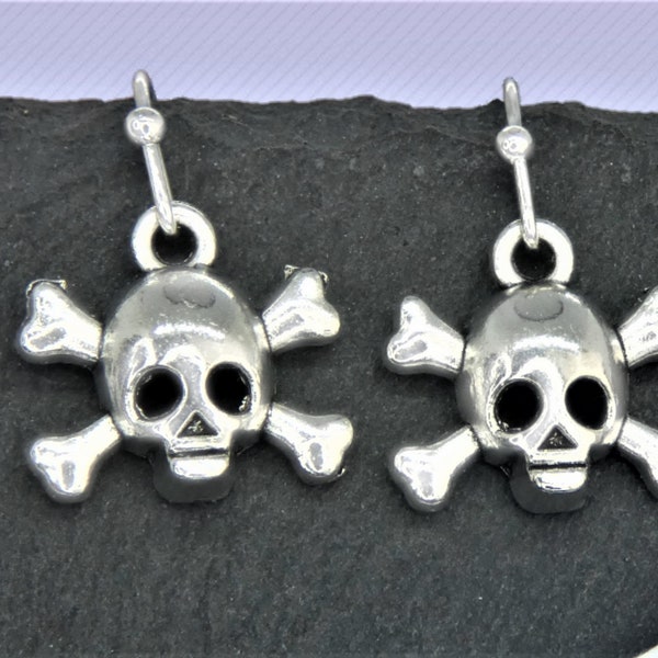 Skull & Cross Bones Earrings, Silver Pirate Jewelry Gifts, Custom Clip on or 925 Sterling Silver, Lever Back Stud, Steel Hypoallergenic Hook