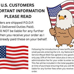 May include: An illustration with text for U.S. customers. It features an American flag and a cartoon eagle holding a flag. The text states that orders are shipped P.D.D.P. and customers won't be liable for fees.