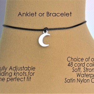 Moon Anklet or Bracelet, Unisex Crescent Moon Jewelry Gift, Charm,  Adjustable Wish Gift Wrist or Ankle, Cord String Rope, Customised Colour