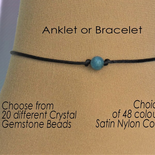 Healing Crystal Anklet or Bracelet Chakra Jewelry Gifts, 6mm Gemstone Bead Adjustable Wish Charm Wrist or Ankle Custom Colour Cord String