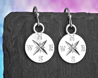 Compass Earrings for pierced or non pierced ears, Travelling Jewelry Gift, Clip on or lever back, 925 sterling Silver, Steel, hook, stud +