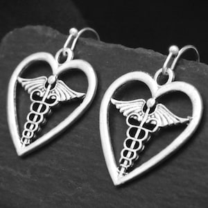 Caduceus Earrings, Medical Symbol Heart Jewellery, Clip on or Pierced Options