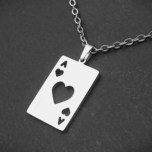 Ace of Hearts Pendant Necklace on Cord or Chain, Unisex Stainless Steel Poker Jewelry Gift, Adjustable or 16 18 20 22 24 26 28 30inch