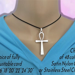 Large Ankh Cross Pendant Necklace on Cord or Chain, Satanic Jewelry Gift, Adjustable Choker or 16 18 20 22 24 30 inch Stainless Steel