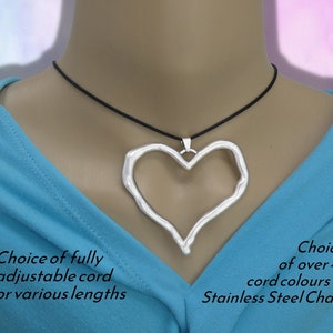 Extra Large Open Heart Pendant Necklace on Cord or Chain, Love Jewelry Gifts, Adjustable Rope or 16 18 20 22 24 30 inch Stainless Steel
