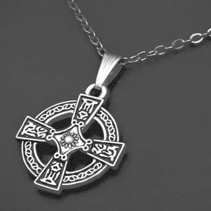 Celtic Cross Pendant Necklace on Cord or Chain, Unisex Greek Cross Jewelry Gift, Adjustable Choker or 16 18 20 22 24 30 inch Stainless Steel