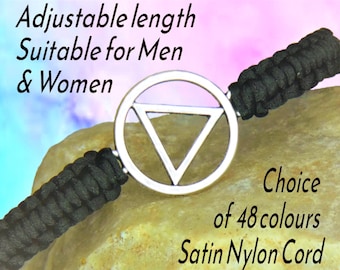 Sobriety Bracelet, Unisex Recovery Jewelry Gift, AA Symbol Triangle in Circle Charm Adjustable Macrame Woven Knotted Cord Rope String Unisex