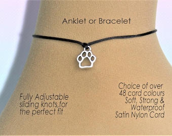 Paw Print Anklet or Bracelet, Animal Lover Jewelry Gifts, Charm Adjustable Wish Wrist or Ankle, Customised Colour Cord String Rope Gift UK