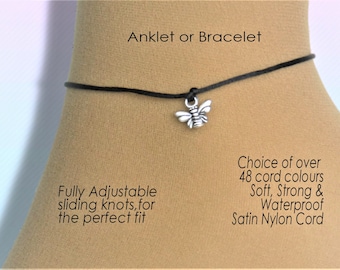 Bee Anklet or Bracelet, Unisex Honey Bee Jewelry Gift, Adjustable Wish Charm Wrist or Ankle Cord String Rope, Customised Colour, UK