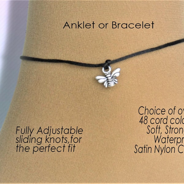 Bee Anklet or Bracelet, Unisex Honey Bee Jewelry Gift, Adjustable Wish Charm Wrist or Ankle Cord String Rope, Customised Colour, UK