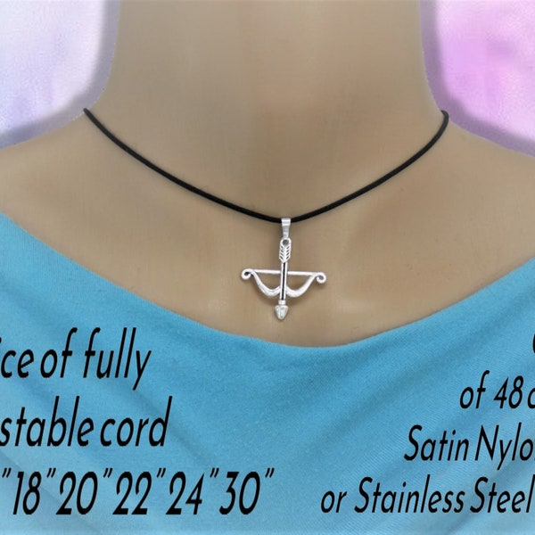 Bow & Arrow Pendant Necklace on Cord or Chain, Unisex Sagittarius Jewelry Gift, Rope Adjustable Choker or 18 20 22 24 30 " Stainless Steel