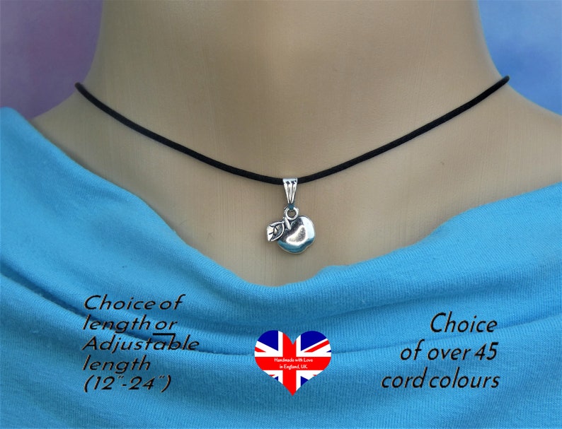 Option of 45 colours Apple Cord Necklace Adjustable Choker or Choice of length Handmade in the UK Silver Apple Necklace Teacher Gift