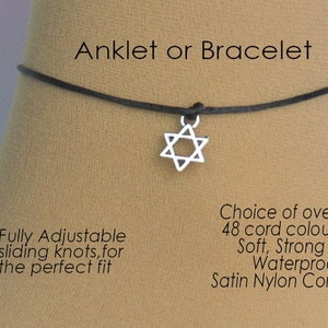 May include: Black adjustable ankle bracelet or bracelet with a silver Star of David charm. Choice of over 48 cord colours. Soft, strong and waterproof satin nylon cord.