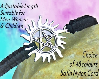 May include: A bracelet featuring a silver-toned metal sun charm with a central pentagram design, attached to a black braided satin nylon cord. The text on the image reads: Adjustable length Suitable for Men, Women & Children and Choice of 48 colours Satin Nylon Cord.