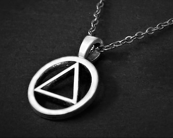 Unisex Sobriety Pendant Necklace on Cord or Chain, AA Jewellery, Recovery Symbol Choker, Triangle in Circle, 16 18 20 22 24 26 28 30&quot;