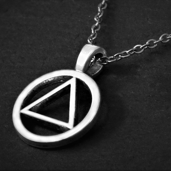 Unisex Sobriety Pendant Necklace on Cord or Chain, AA Jewellery, Silver Recovery Symbol Choker, Triangle in Circle, 16 18 20 22 24 26 28 30"