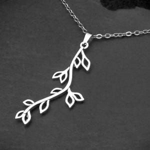 Long Willow Tree Branch Pendant Necklace, Olive Branch Leaf Jewelry, Cord or Chain
