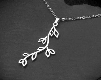 Long Willow Tree Branch Pendant Necklace, Olive Branch Leaf