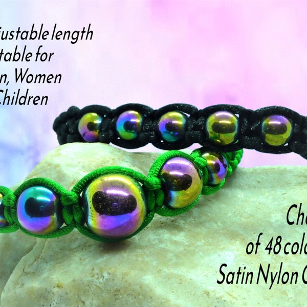 Bracelet unisexe en macramé hématite, cadeau bijoux chakra arc-en-ciel, chaîne de corde cordon tissé nouée réglable nappe d'huile, cristaux pierres précieuses