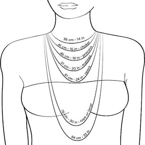 May include: A black and white necklace size chart. The chart shows necklace lengths in inches and centimeters, ranging from 14 inches (36 cm) to 33 inches (84 cm), with styles like choker, princess, matinee, opera, and rope or lariat.