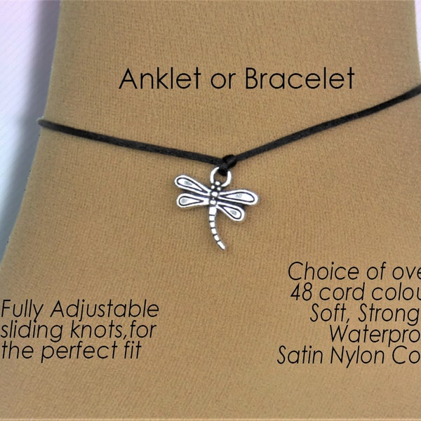 Bracelet de cheville ou bracelet libellule, cadeau bijou libellule, longueur réglable, ficelle de corde de charme, couleur personnalisée, poignet ou cheville,