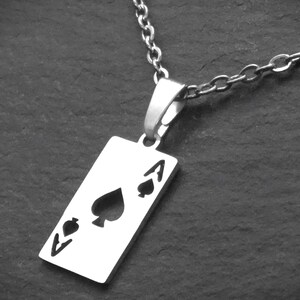 Small Ace of Spades Pendant Necklace on Cord or Chain, Unisex Stainless Steel Poker Jewelry Gift, Gold or Silver Colour, Adjustable Rope