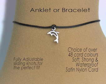 Unisex Dolphin Anklet or Bracelet, Holiday Jewelry Gifts, Adjustable Wish Charm Wrist or Ankle, Cord String Rope, Customised Colour, Unisex