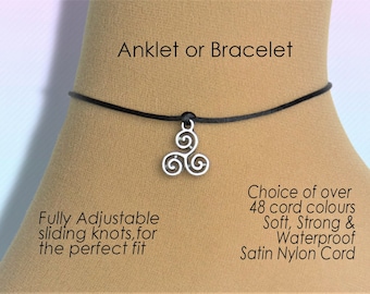 Triskelion Anklet or Bracelet, Unisex Celtic Jewelry Gifts, Adjustable Wish Wrist or Ankle, Cord String Rope Gift, Customised Color