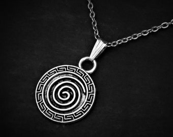 Spiral Necklace, Cord or Chain, Silver Swirl Choker, Viking Disc Jewelry Gift, Adjustable Rope or 16 18 20 22 24 30 inch Stainless Steel
