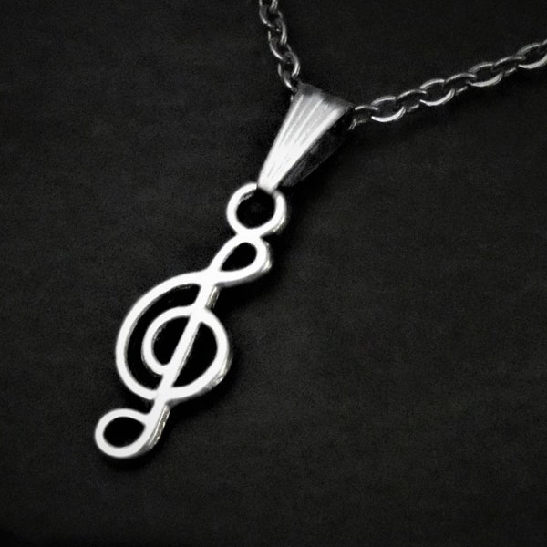 Collier pendentif clé de sol sur cordon ou chaîne, cadeau unisexe bijoux note de musique, corde réglable ou acier inoxydable 16 18 20 22 24 30 pouces