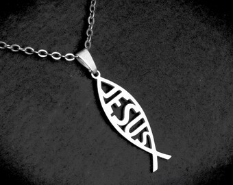 Jesus Fish Necklace, Gold or Silver Stainless Steel, Unisex Ichthus Jewellery, Cord or Chain