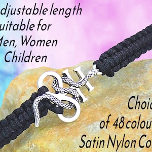 May include: A black braided satin nylon cord bracelet featuring a silver-toned metal charm shaped like a snake coiled around the letters SH. The text on the image reads: Adjustable length Suitable for Men, Women & Children and Choice of 48 colours Satin Nylon Cord.