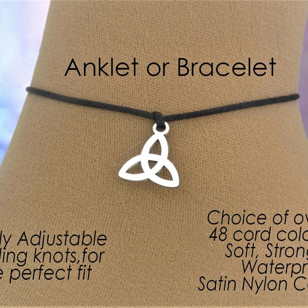 Unisex Triquetra Cord Anklet or Bracelet, Trinity Power of Three Jewelry Gift, Adjustable Cord Rope String, Wrist or Ankle Custom Colour