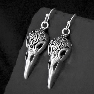 Raven Skull Earrings, Gothic Jewelry Gift, Clip on or 925 Sterling Silver Lever Back, Stainless Steel Stud, Hypoallergenic Hook Wire