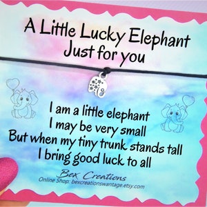 Good Luck Jewelry Gift, Unisex Elephant Bracelet, Original Poem, Cord Rope String, Adjustable, Custom Colour, Gift Card Poem, UK
