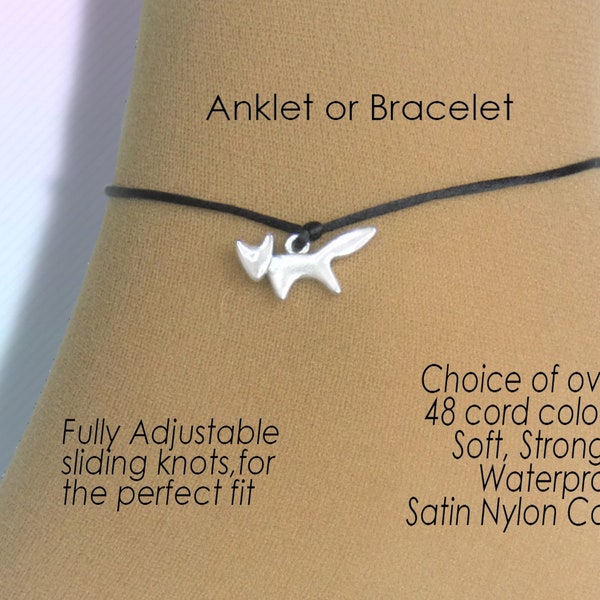 Fox Anklet or Bracelet, Silver Cat Jewelry Gift, Adjustable Wish Wrist or Ankle, Cord String Rope Gift, Customised Colour, Handmade