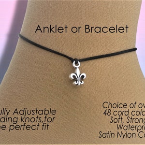 Fleur de lys Anklet or Bracelet, Tiny Fleur de lis Jewelry Gifts, Adjustable Cord with Charm, Custom Colour Rope, Wish Wrist or Ankle