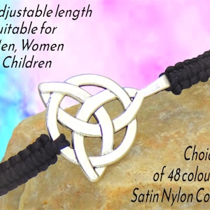May include: A black satin nylon cord bracelet with a silver Celtic knot charm. The image text reads "Adjustable length Suitable for Men, Women & Children" and "Choice of 48 colours".