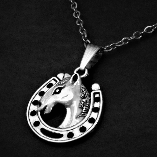 Unisex Horse Pendant Necklace on Cord or Chain, Lucky Horse Shoe Jewelry Gift, Adjustable Choker or 18 20 22 24  26 30 inch Stainless Steel