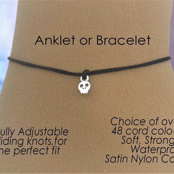 Unisex Skull Anklet or Bracelet, Cute Halloween Jewelry Gifts, Tiny Skull Charm, Adjustable Cord Rope String, Wrist or Ankle Bracelet,
