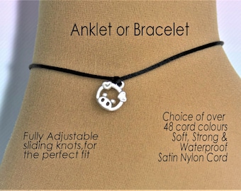 Pig Anklet or Bracelet, Piggy Jewelry Gift, Charm Adjustable Length Wish Wrist or Ankle, Cord String Rope, Customised colour,