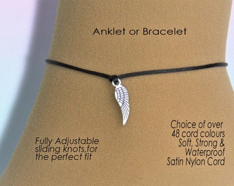 Unisex Wing Anklet or Bracelet, Angel Jewelry Gift, Adjustable Length, Custom Colour Cord Rope String, Wish Charm Wrist or Ankle